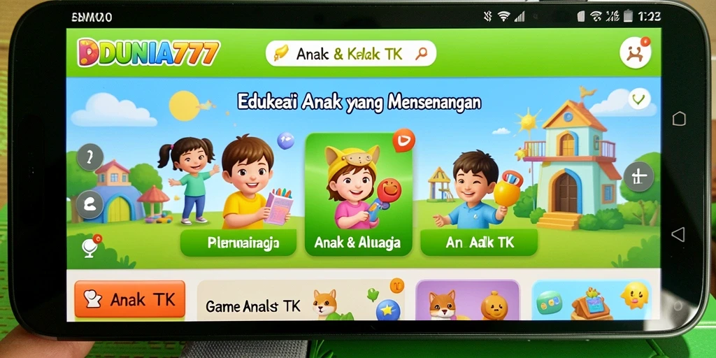Antarmuka ceria dan interaktif dari aplikasi DUNIA777 untuk anak-anak.