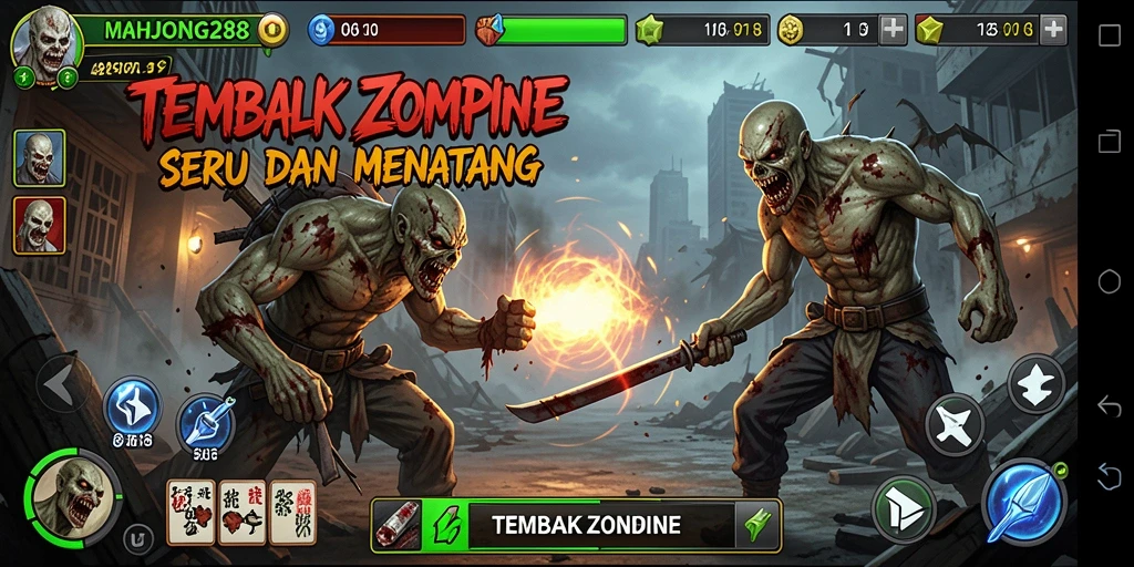 Antarmuka game MAHJONG288 yang menampilkan aksi Tembak Zombie.