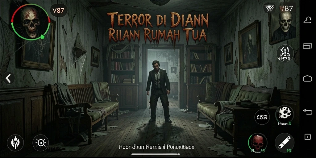 Screenshot V87 menampilkan suasana mencekam di dalam rumah horor.